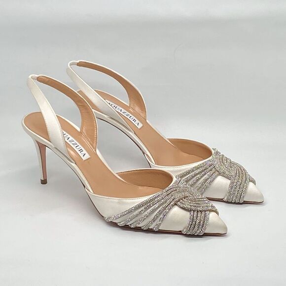 Aquazzura Gatsby 75 Crystal-Embellished Satin Pumps size 37 - Picture 4 of 16